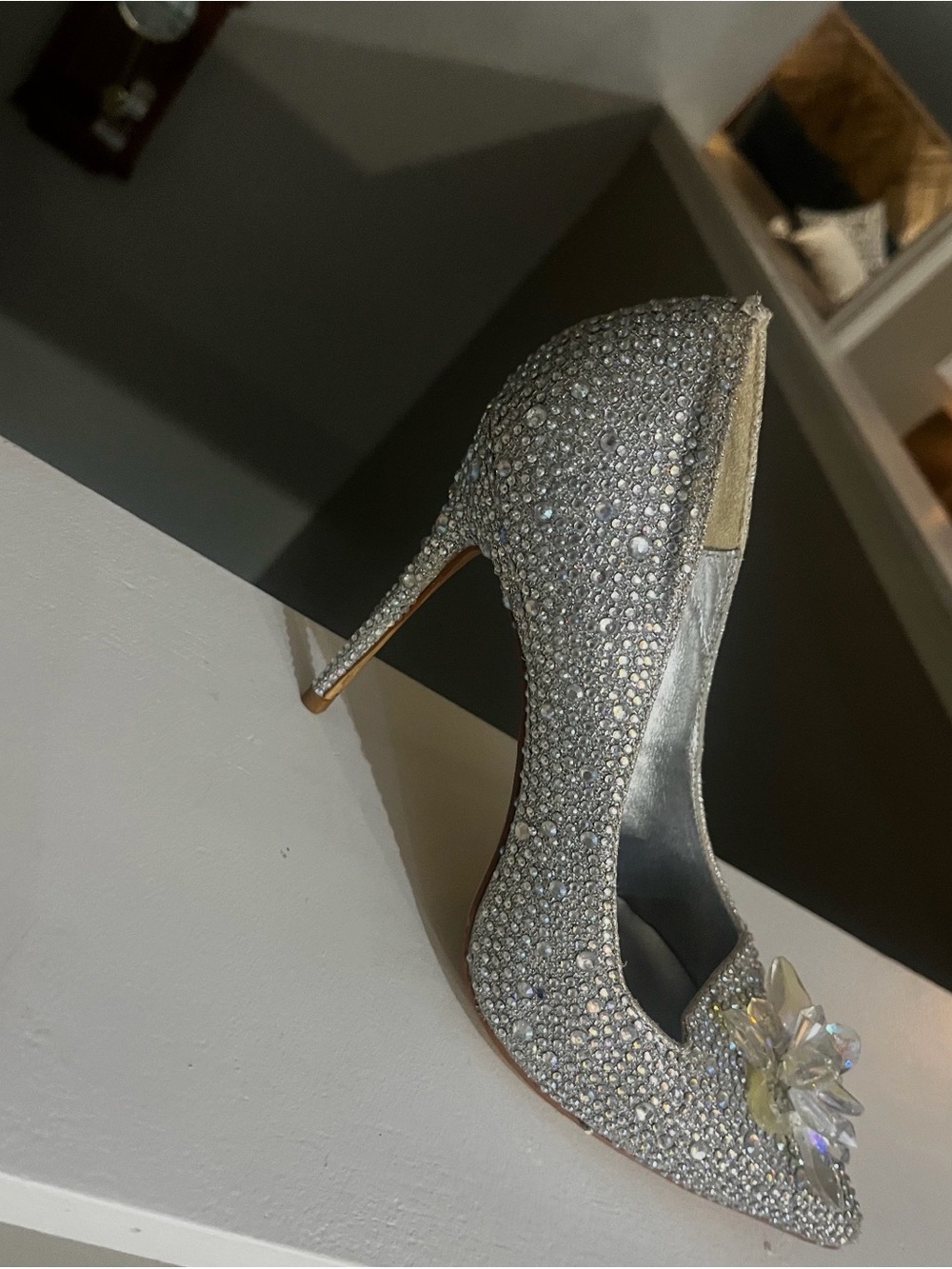 Jimmy Choo Silver Crystal Pointed Toe Pump with Floral Jewel Accent - Picture 3 of 4